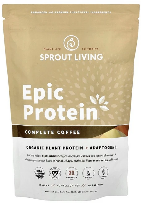 Sprout Living Epic Protein® 유기농 식물 단백질 + 아답토젠 컴플리트 커피 456g(1lb) Living (스프라우트 리빙), 453 g, 453g - 쿠팡