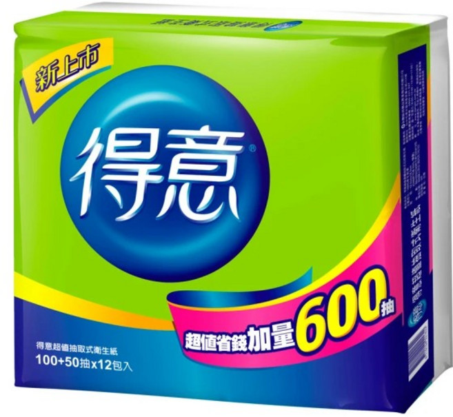得意 超值省錢加量抽取式衛生紙 100+50抽x12包入, 150張, 1袋