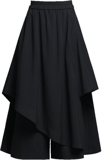 티류으스 추동 밴딩 허리 블랙 와이드 팬츠 빈티지 캐주얼 팬츠 여 와이드 7부 치마바지