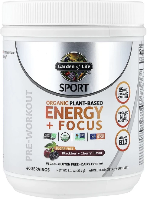 Garden of Life (가든 오브 라이프) Sport 유기농 식물성 에너지 + 집중력 지원제 운동 전 블랙베리 체리 231g(8.1oz), 1개 - 쿠팡