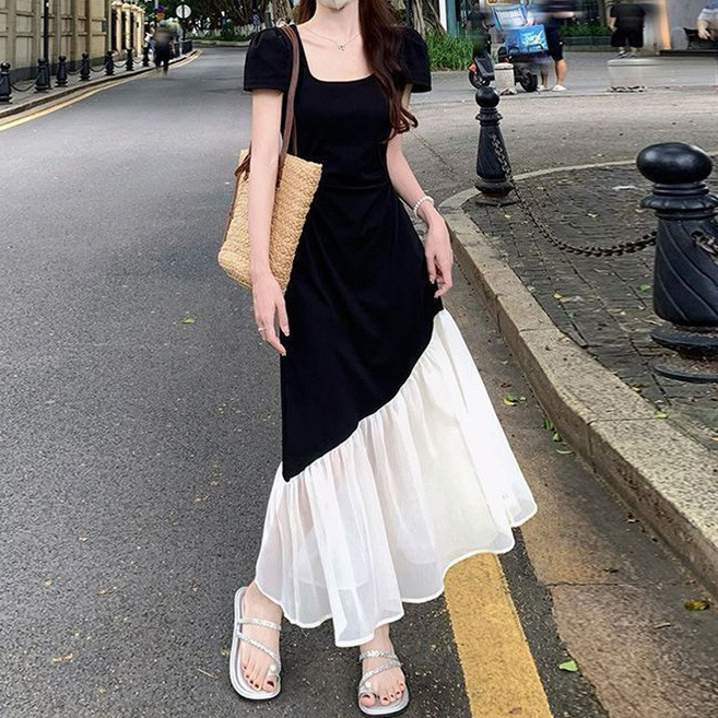 【顯瘦收腰】大碼連衣裙 法式連衣裙 赫本風裙子 拼接長裙 撞色設計 微胖MM福音 夏季短袖 通勤度假兩穿, HSYP#9023#黑色