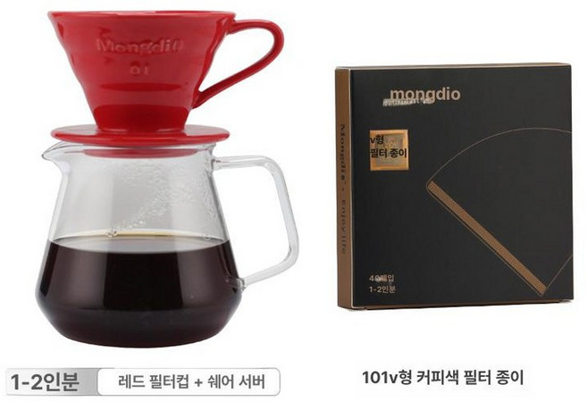 더가비 마스터A 핸드드립 캠핑용 장커피 드리퍼 필터, 1개, V01 레드 + 450ml 공유용 주전자