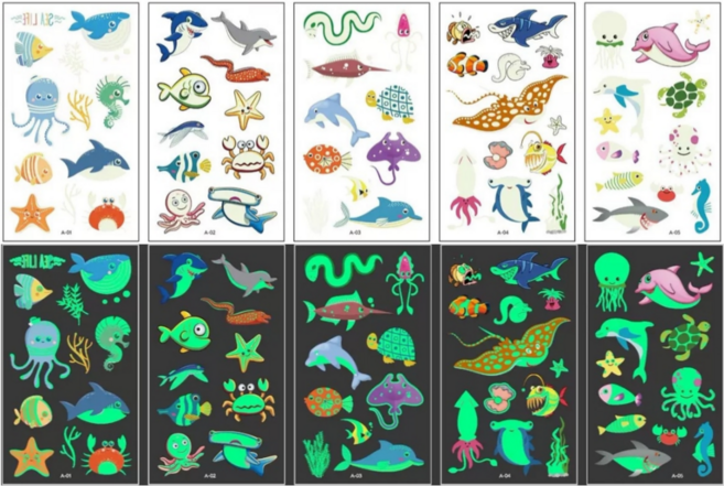 KC인증 어린이 타투스티커 바다동물 수중생물 캐릭터 소품 꾸미기 놀이 스티커, 수중생물 타입A 야광 5종 1세트, 1개