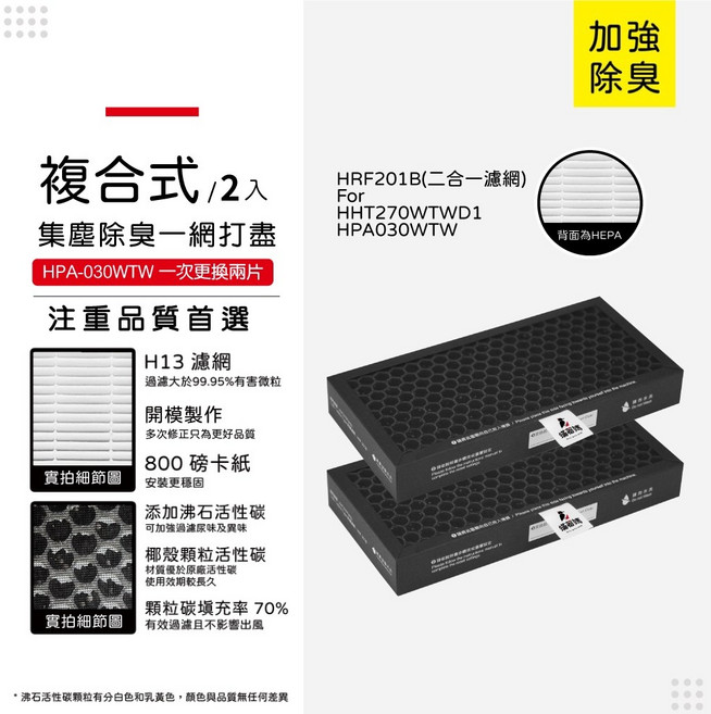 蟎著媽 適用 Honeywell HPA030WTW HHT270WTWD1 HRF-201B 空氣清淨機 H13 複合濾網, 1個, 二合一集塵HEPA除臭顆粒碳濾網/2入組