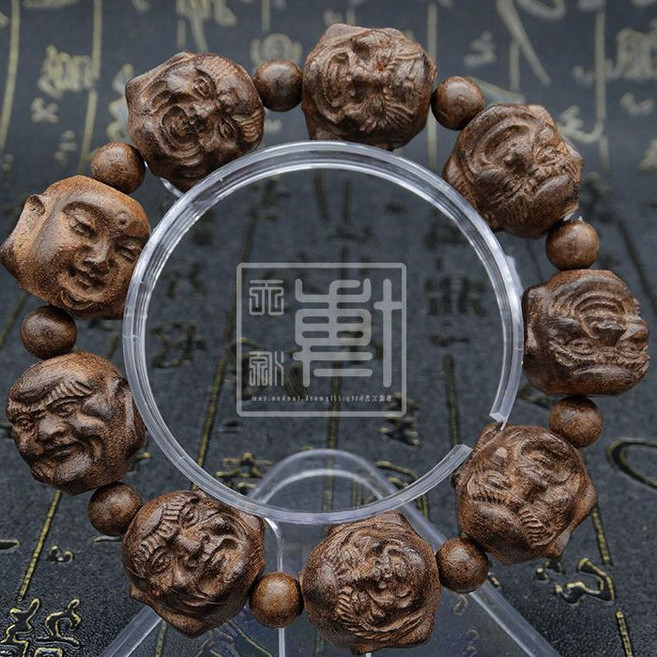 沉香木雕刻佛頭佛珠手串, 1個, 皮灰+機雕+啰漢+2.0九顆