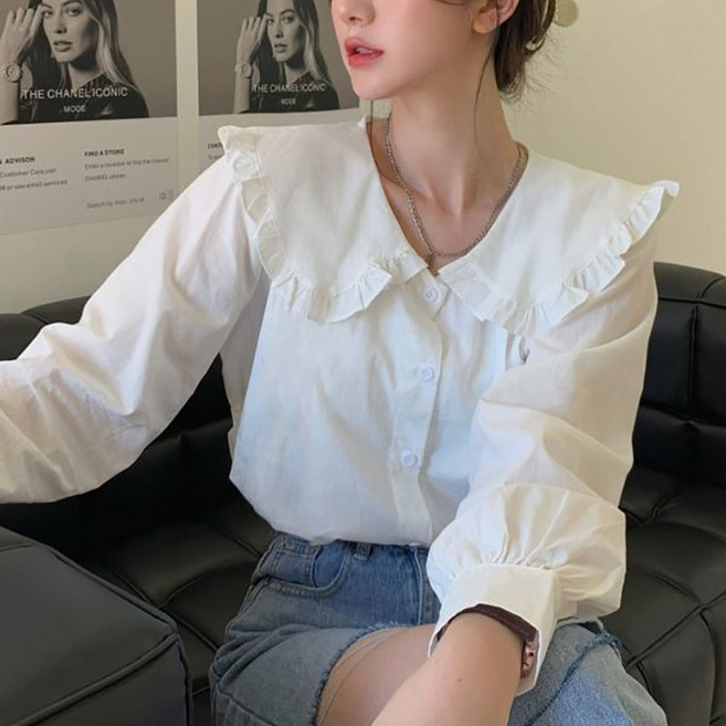 슬림소녀 여성 봄가을 루즈핏 캐주얼 긴팔 셔츠 상의 카라 디자인 심플 편안 패션 블라우스