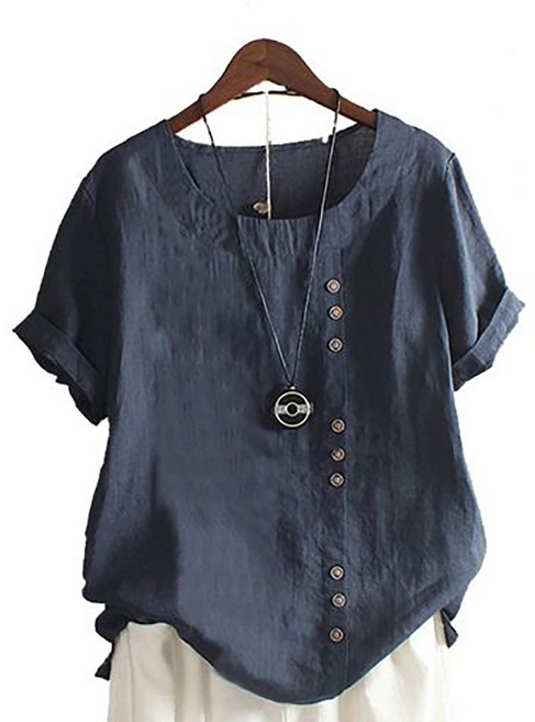 ROYALBELLE 여성 면마 라운드넥 버튼 장식 루즈핏 빅사이즈 캐주얼 반팔 티셔츠 V01022606