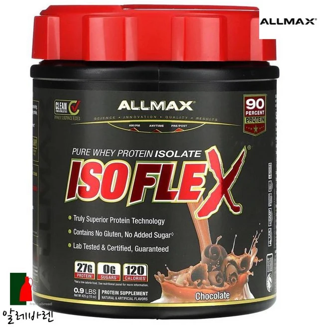 올맥스 Isoflex 100% 초순수 분리유청단백질(WPI 이온하전미립자여과법) 초콜릿 0.9 lbs (425 g), 1개, 425g - 쿠팡