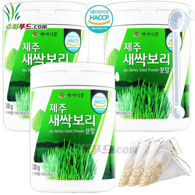 HACCP 식약처 인증 국산 보리새싹 100% 새싹보리 분말 폴리코사놀 국내산 새싹보리분말 + 슈퍼푸드.com 연자육 티백 3세트 (200g + 1g), 200g