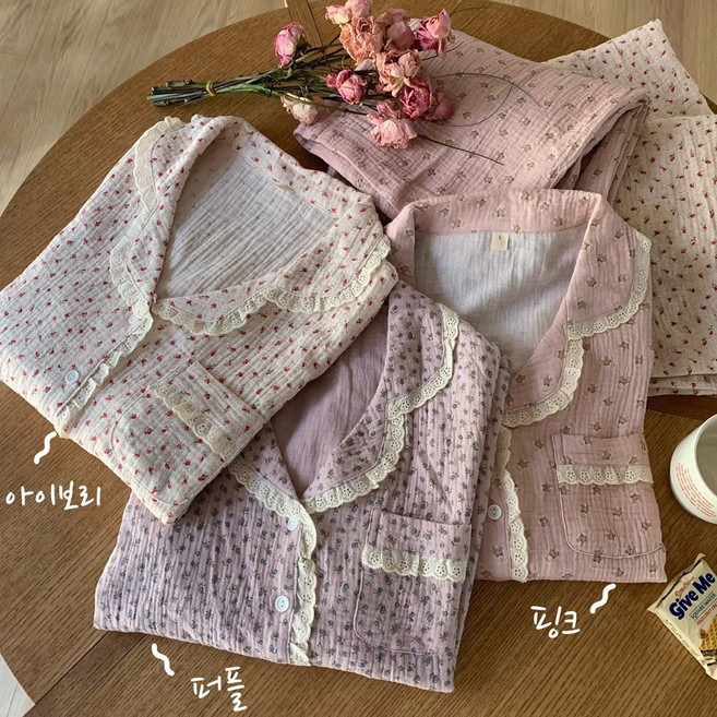 2size 요루면 순면 파자마 여성 잠옷 긴팔 긴바지 플라워 홈웨어 잠옷세트 3color