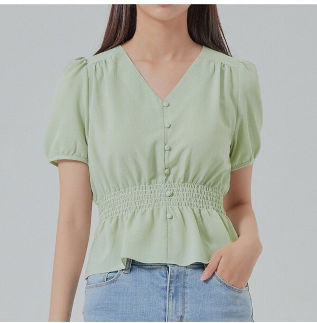 미쏘 미쏘 V넥 허리 스모킹 블라우스(MIWBWA721G)