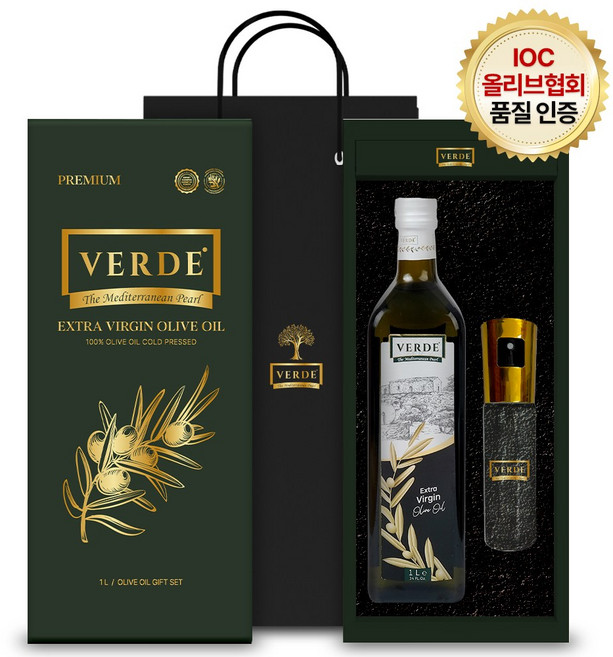 [선물세트] 베르데 엑스트라버진 올리브오일 1L + 오일스프레이 + 쇼핑백, 1세트