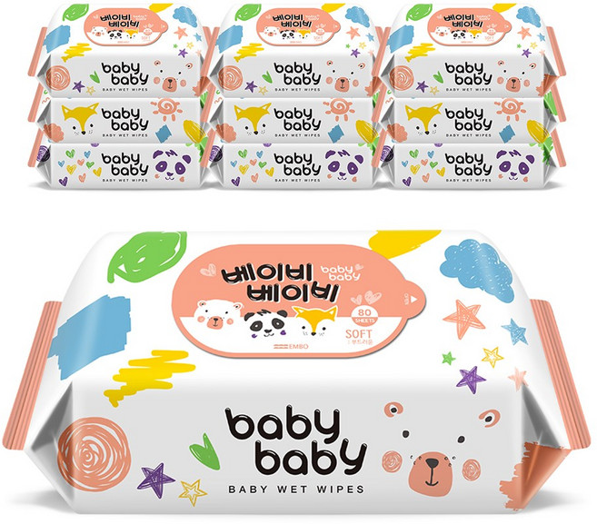 베이비베이비 아기물티슈 소프트 80매 리필형 10팩, 없음