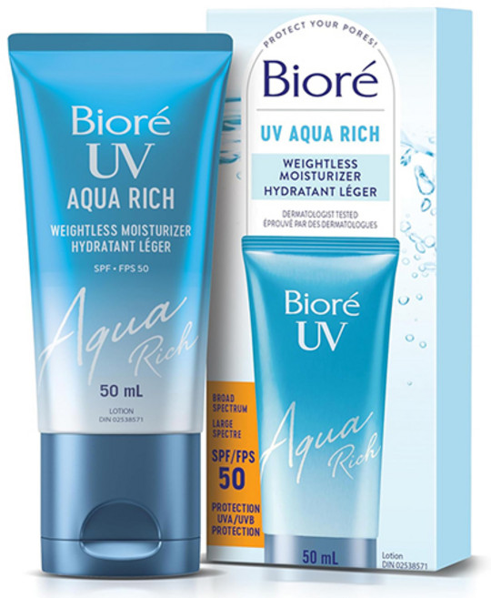 [캐나다 직배송] 비오레 UV 아쿠아 리치 웨이트리스 모이스처라이저 SPF50+ 캐나다 내수용 초경량 수분 선크림, 1개, 50ml
