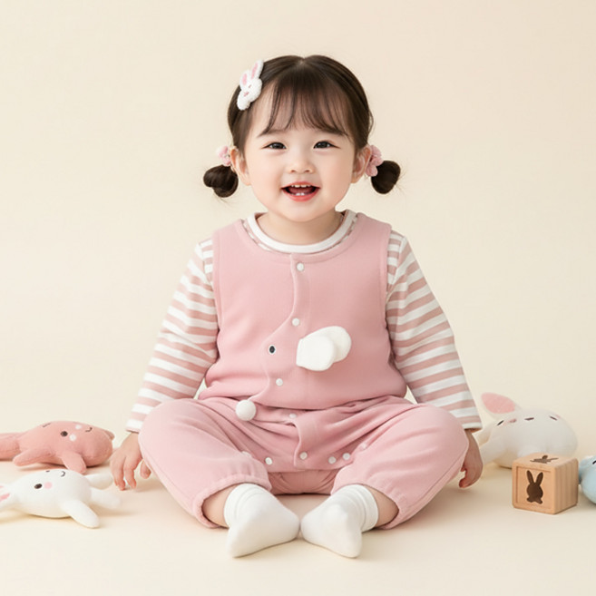 몽실이 슈가래빗 핑크 여아 우주복 아동 베이비 돌 여아용 2PCS 스트라이프 긴팔 외출복 점프슈트