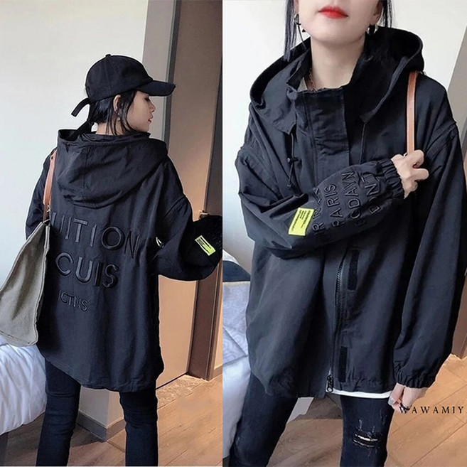 블랙 후드 쇼트 코트 루즈핏 캐주얼 야구점 상의 여성 바람막이 자켓 데일리룩 와이드 트렌치코트 빅사이즈 WAWAMIYA