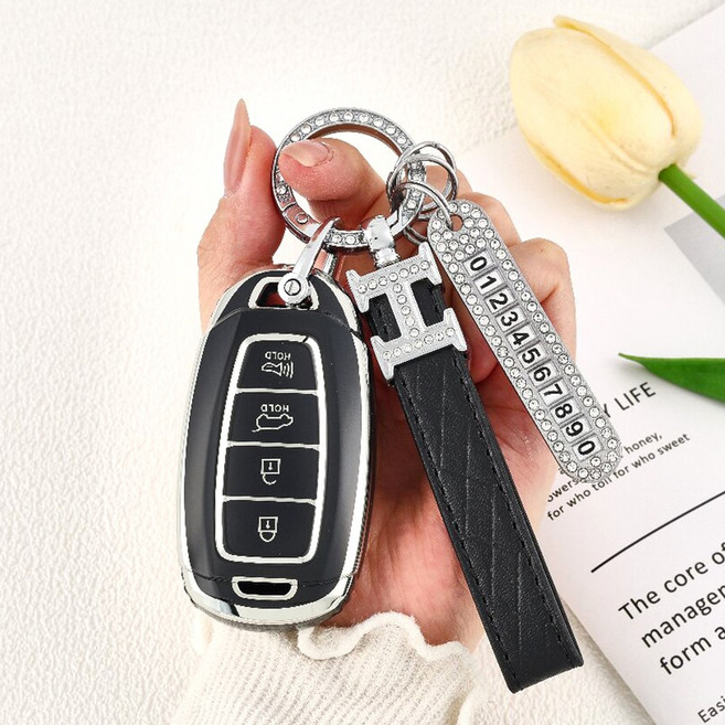 OFFCURVE TPU 현대 자동차 엣지라인 4버튼 그렌저IG 싼타페TM 코나 풀커버 스마트키 적용 키케이스 키홀터 단품 다양한 컬러, 블랙 실버+가죽 줄 키홀더 + 전화번호판