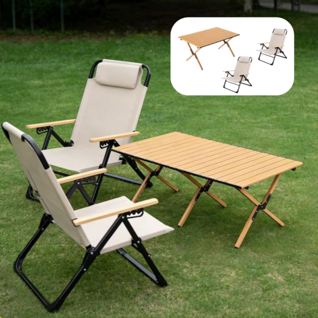 캠핑 아웃도어 롤테이블 각도조절 헤드 쿠션 릴렉스체어 세트 휴대용 의자 2개+ 테이블 1개 2인용 세트, 오크옐로우