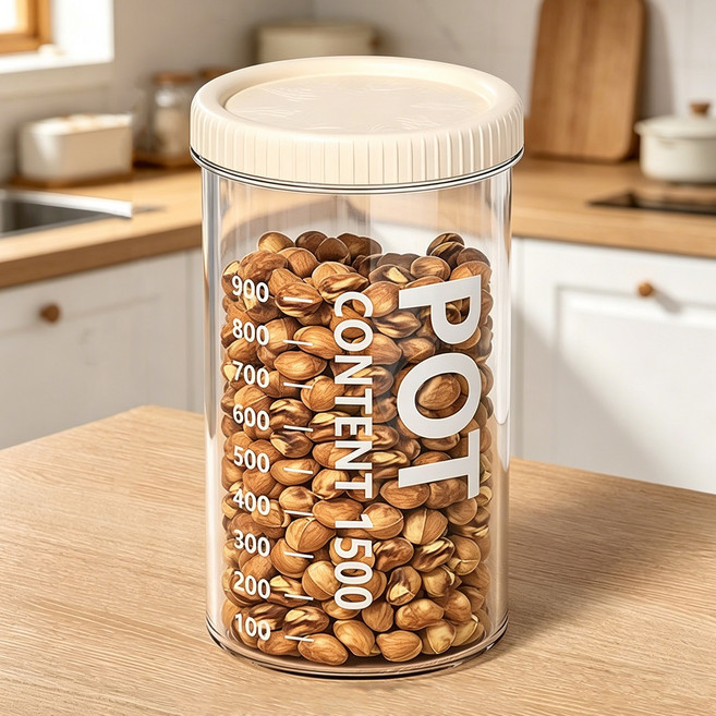 잡곡 용기 쌀벌레방지 잡곡 곡물 쌀 보관 식품 밀폐 용기 팩 통 오곡 잡곡 투명 원형 밀폐용기 미숫가루 보관용기, 1개, 흰색 1500ml