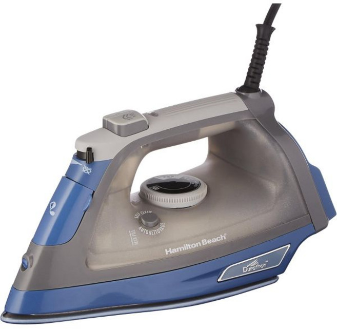 스팀 다리미 여행용 미니 가정용 긁힘 방지 듀라톤 밑창이 있는 해밀턴 비치 및 수직 스티머 1500와트 XL 10인치 코드 3방향 자동 차단 미끄럼 셀프 클리닝 그레이블루 19, Grey/Blue