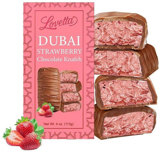 LOVE 러브tta 두바이 초콜릿 바 스트로베리 나이프 - 럭셔리 리치 밀크 초콜릿 개별 포장된 프레시 프리미엄 딸기 크림 카타이피 필링 발렌타인 데이를 위한 선물 (1팩), 1 Pack, 113g, 1