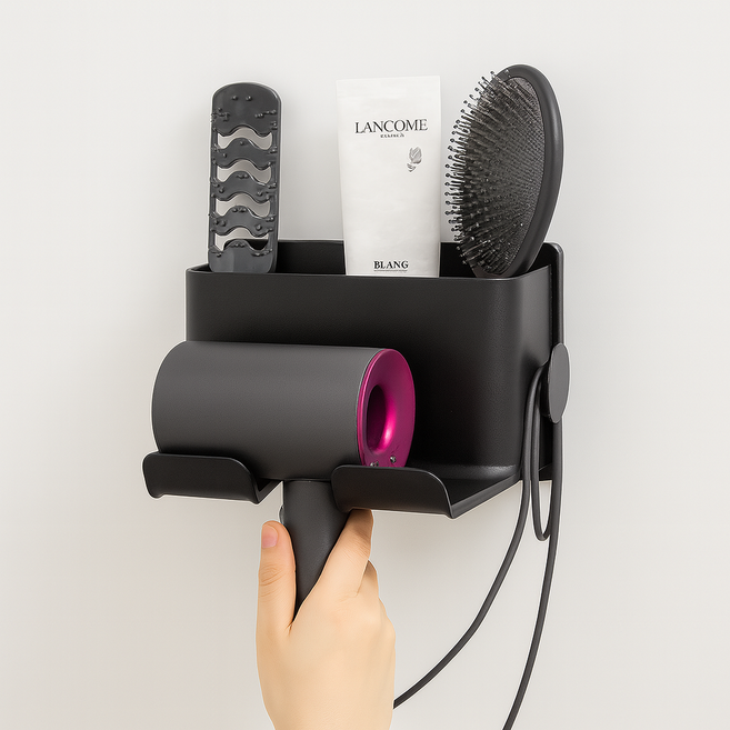 디어나비 강력접착 수납형 선정리 드라이기 거치대, 블랙, 1개