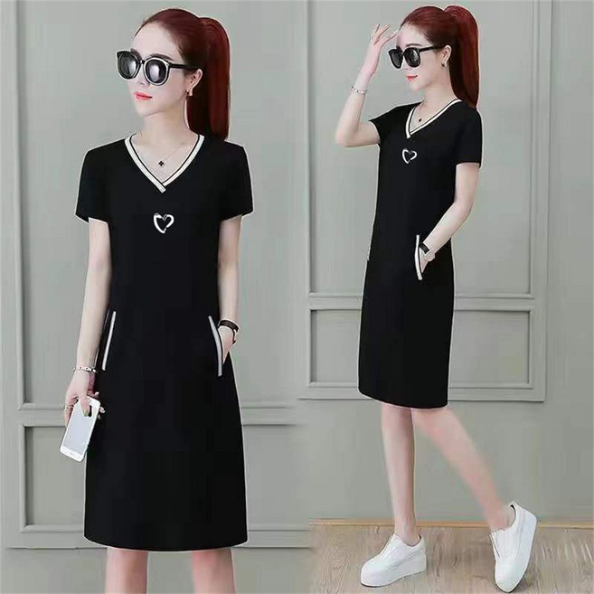 TKX 여성 브이넥 짧은 소매 캐주얼 일자핏 원피스 데일리 포켓 장식 미디 기장 시원한 봄여름용 심플 스타일