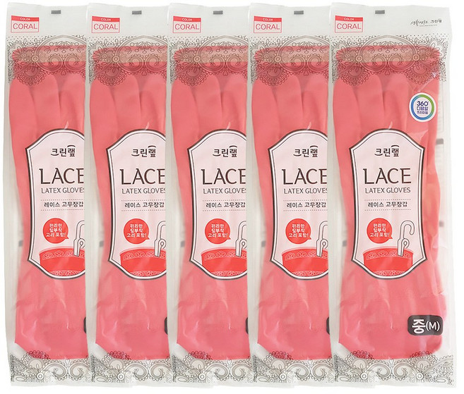 크린랩 레이스 고무장갑, 코랄, 대(L), 5개