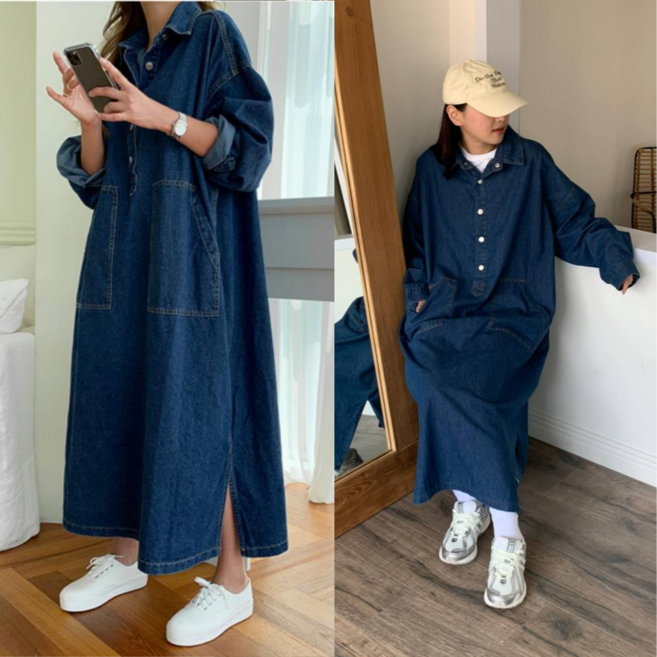 핏몬 여성 빅사이즈 데님 롱 셔츠 원피스 오버핏 포켓 긴팔 청원피스