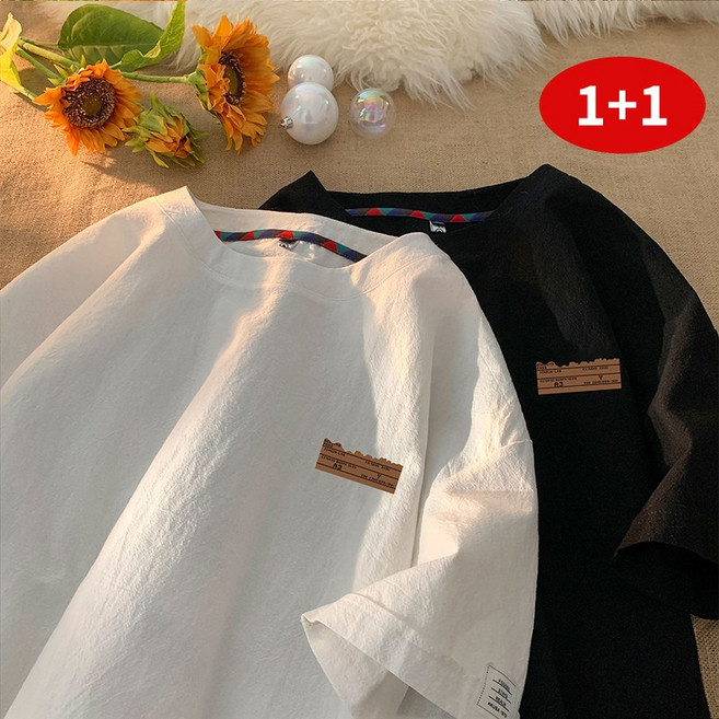 RCLET 1+1 남자 린넨 반팔티셔츠 라운드 루즈핏 통기성 면마상의 무지 빅사이즈 데일리