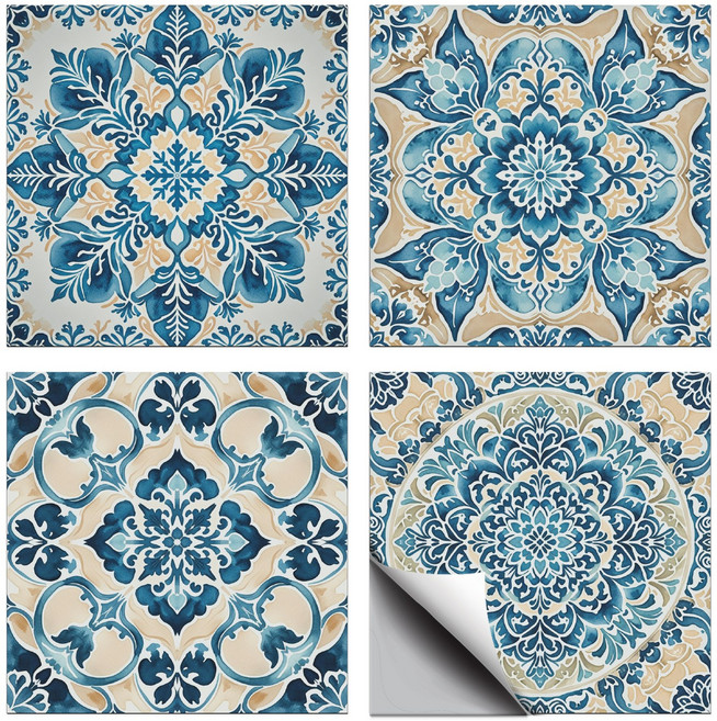 PVC 타일 시트지 세트 다양한 패턴 방수 주방 욕실 리폼 장식 10x10cm 4가지 다른 디자인 1세트 총 36개, 치커리 블루