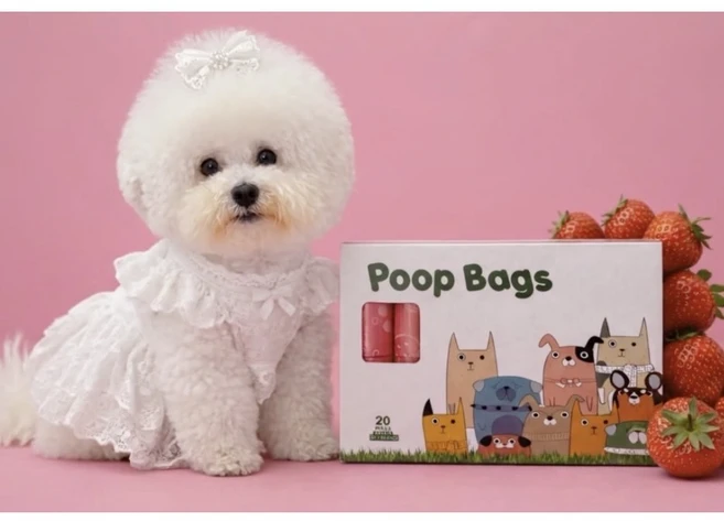 Poop Bags 딸기시리즈 강아지 배변봉투 생분해 리필 케이스 강력 내구성, 300개, 20개입, 핑크 - 쿠팡