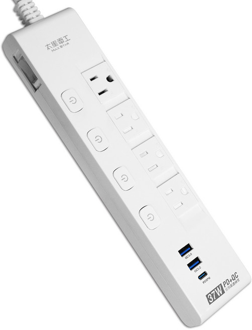 MAX STAR 快速充電延長線 5開4插 37W PD QC充電 1.2m, 白色, 1個