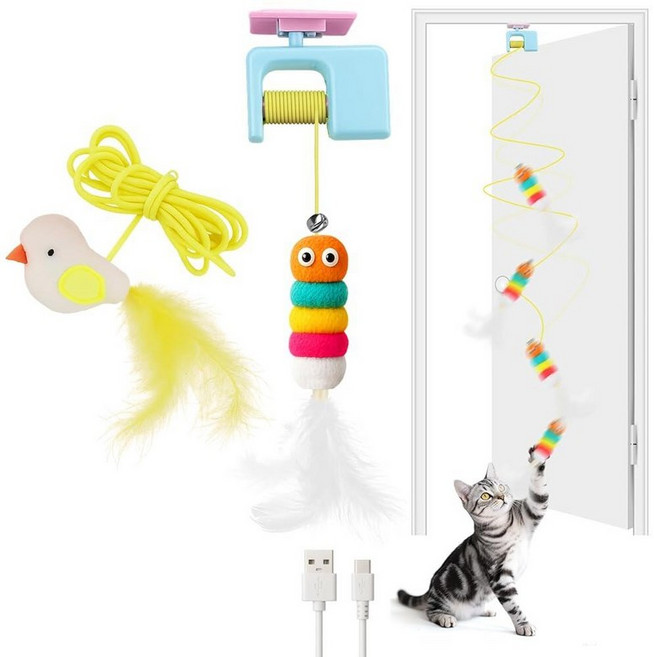 실내 고양이를 위한 AIERA 인터랙티브 고양이 장난감 지루한 성인 자동 걸이 문틀을 애벌레 및 날아다니는 새 셀프 플레이 펫 체이스 장난감-블루, Blue