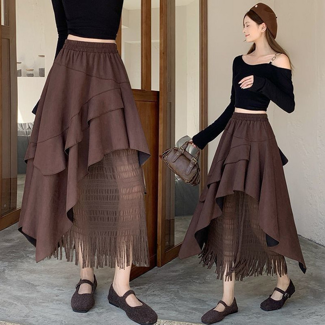 페이준 여성 봄 가을 언밸런스 스커트 프릴 하이웨스트 레이스 롱스커트 LN4169