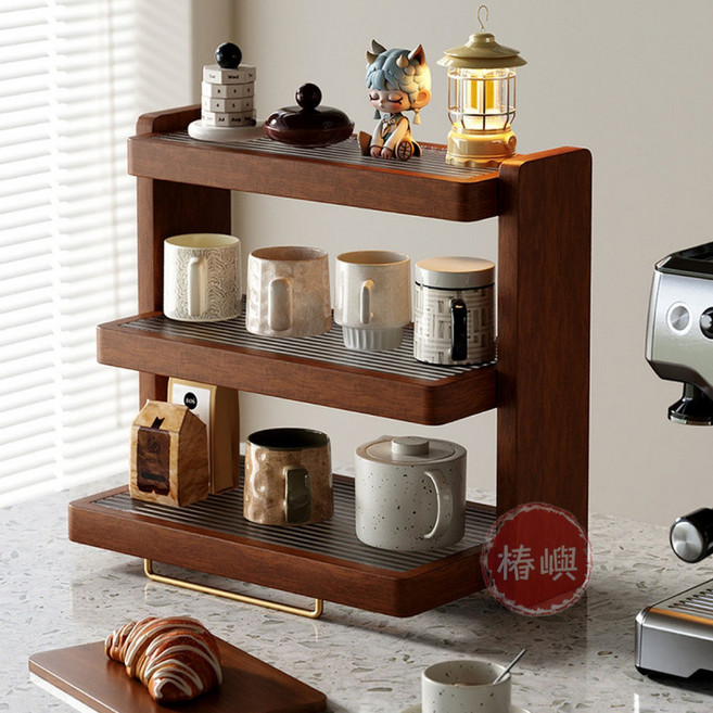 【椿嶼】實木杯架餐桌桌麵水杯茶杯咖啡杯收納架子杯子展示架餐邊櫃置物架, 黑胡桃色三層,42_20_40cm, 1個