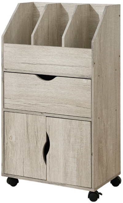 滑輪式木質書架櫃附抽屜與櫃子 多層收納空間 學生辦公室居家適用, 白橡木紋, 3層