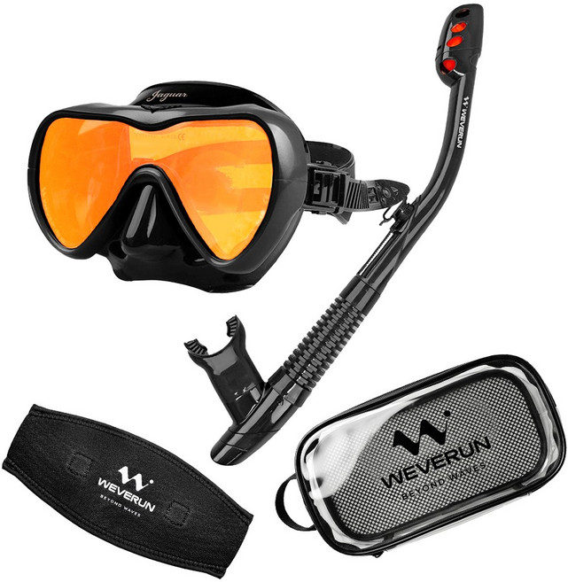 위베런 재규어 스노클링 마스크 세트 미러렌즈 자외선차단 + 머리엉킴방지 스트랩커버 + 투명파우치, UV 블랙 세트