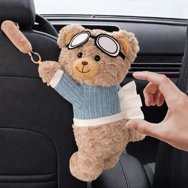 글로윅 곰인형 차량용 티슈박스 자동차 휴지 케이스, 블루, 1개