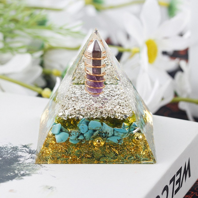 天然水晶招財金字塔擺件, 21號6cm紫水晶柱 黃水晶綠松, 1個