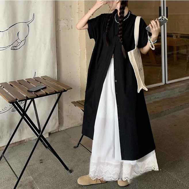 삼제태전 여름 여자 스트라이프 셔츠 원피스 레이스 스커트 레이어드 투피스