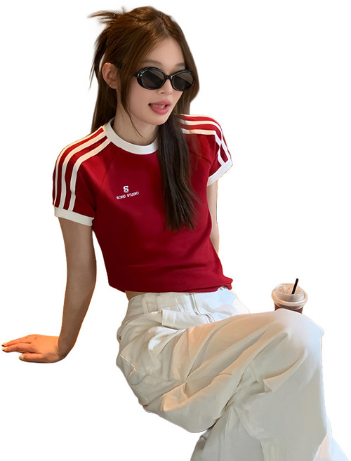 INSZEN 여성 스트라이프 날씬해 보이는 반팔 티셔츠