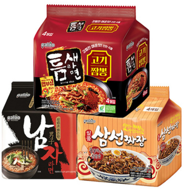 틈새라면고기짬뽕4봉+남자라면4봉+일품삼선짜장4봉, 1세트