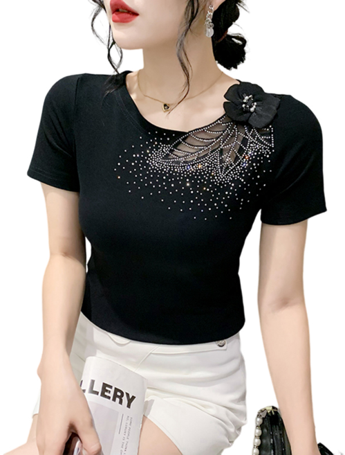 댄스복 상의 여성용 레이스 펀칭 핫피스 꽃 반팔 티셔츠 뉴타임즈 G529F882