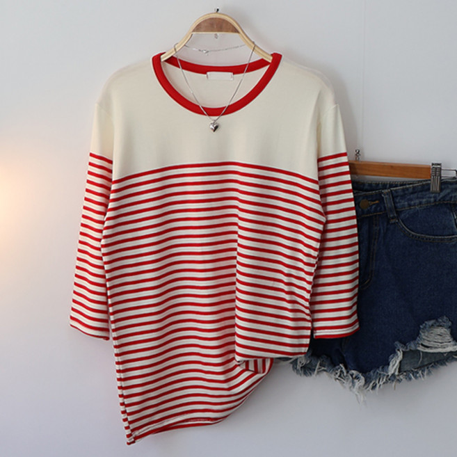 스카이코코 여성 반팔 티셔츠 미시룩 댄디 단가라 7부티