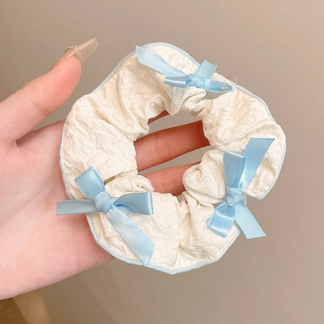 韓系小清新珍珠網紗大腸髮圈溫柔蝴蝶結紮發頭繩可愛甜美髮繩頭飾1491A 藍色蝴蝶結髮圈默認顏色