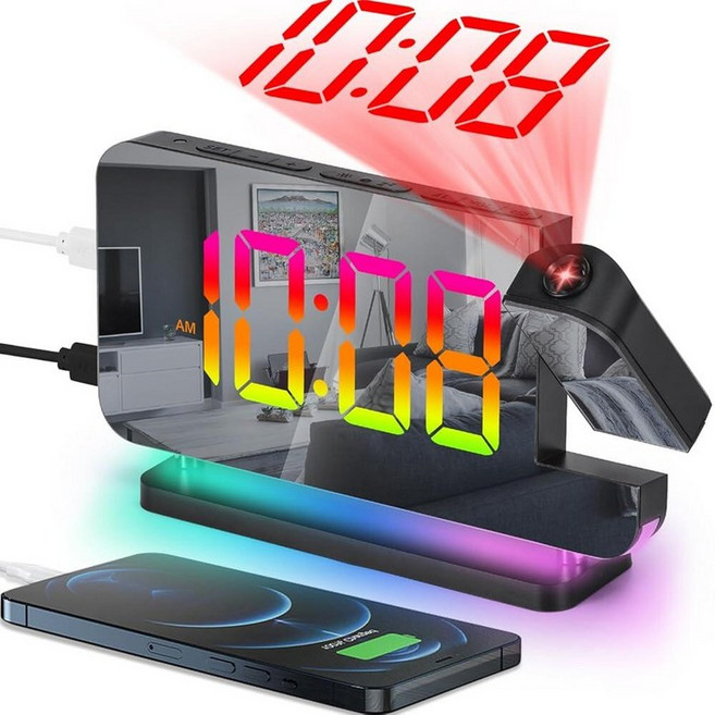 SZELAM 프로젝션 알람 시계 18.8cm(7.4인치) 디지털 미러 시계 180° 회전 가능한 프로젝터 RGB 야간 조명 USB C 충전기 포트 자동 조광기 침실, Black