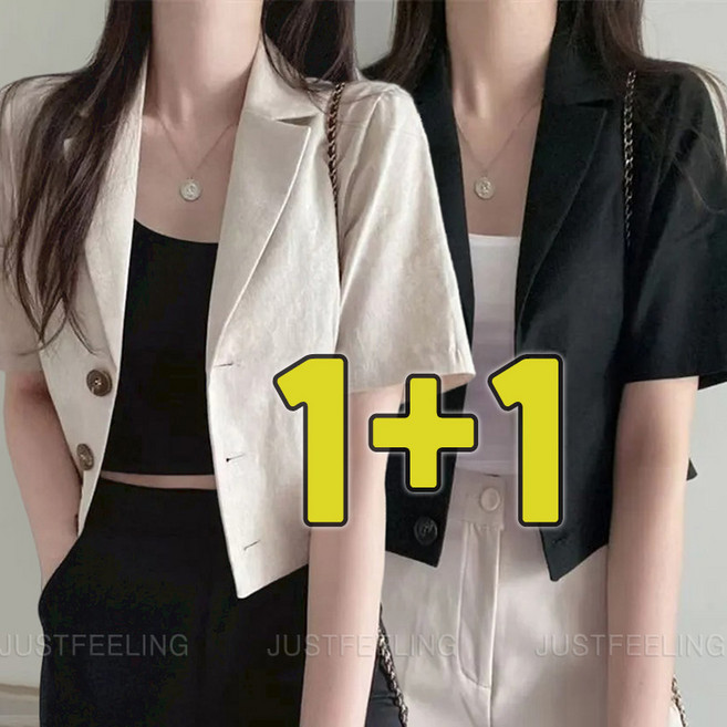 1+1 캐주얼 반팔 솔리드 정장 자켓 여성 여름 얇은 루즈핏 숏자켓 크롭 아우터 상의 JUSTFEELING