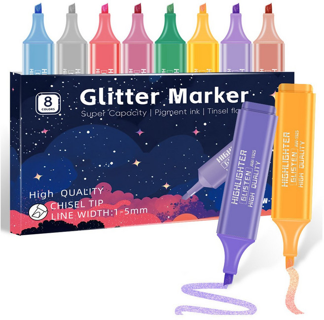 데스크랩 반짝반짝 글리터 형광펜, 1팩, 8색