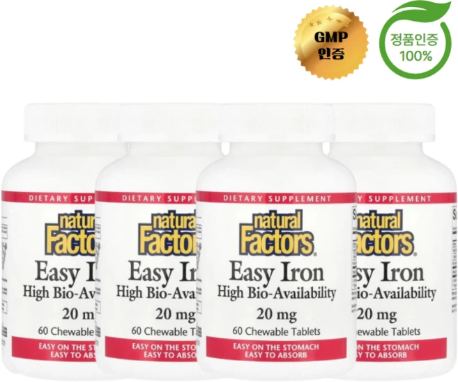 네츄럴팩터스 Easy Iron 20mg 츄어블 60정, 4개 - 쿠팡